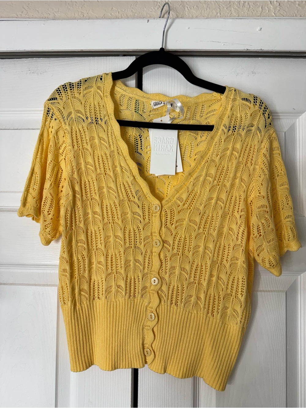 Grace Karin Yellow Openwork Knit Button-Front Short Sleeve Cardigan